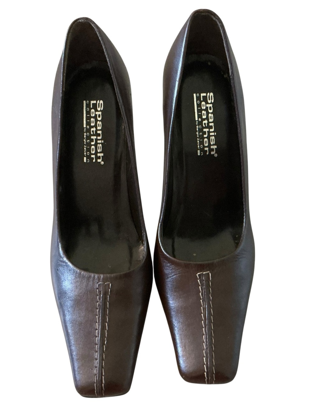 Vtg 90s Spanish leather by Sergio Zelcer pumps brown square toe heels shoes 6